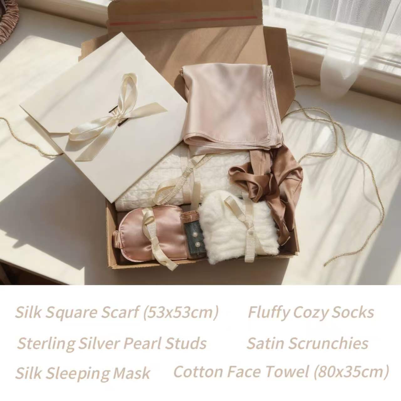 Luxury Self-care Box: Sterling Silver Pearl Earrings, Fluffy socks, Scrunchies | gift for her